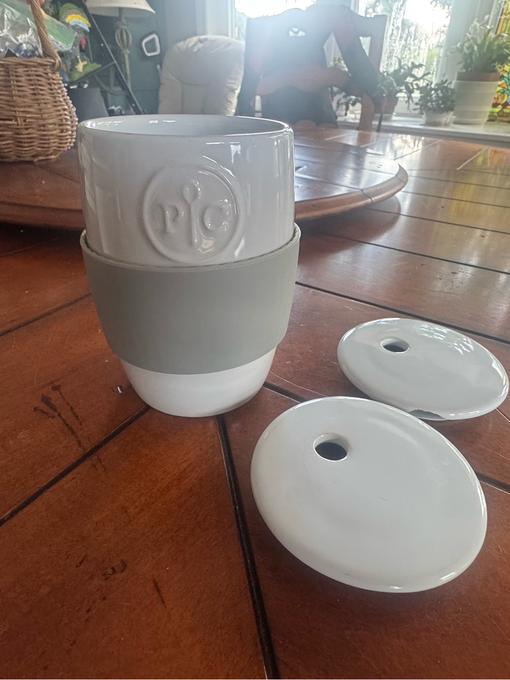 Pampered Chef White Ceramic Egg Cooker with Gray Silicone Grip